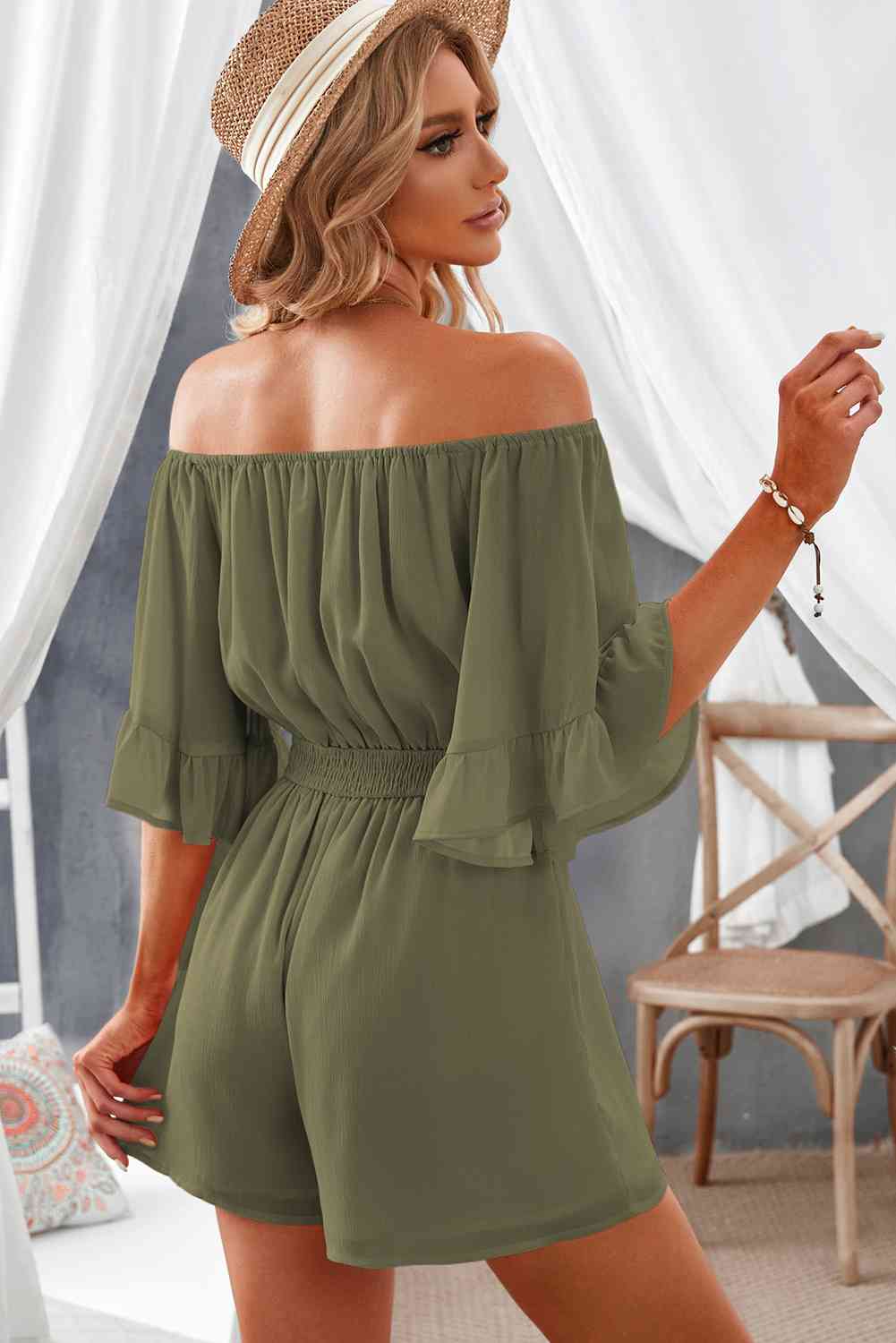 Off-Shoulder Smocked Waist Flounce Sleeve Romper