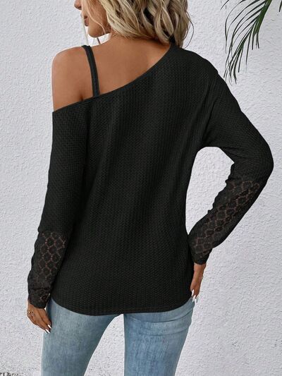 Lace Detail Asymmetrical Neck Long Sleeve T-Shirt