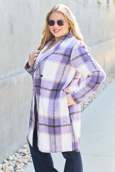 Double Take Full Size Plaid Button Up Lapel Collar Coat