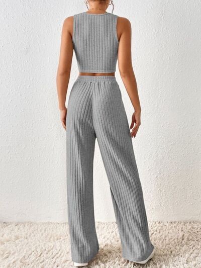 Ribbed Round Neck Tank and Pants Sweater Set