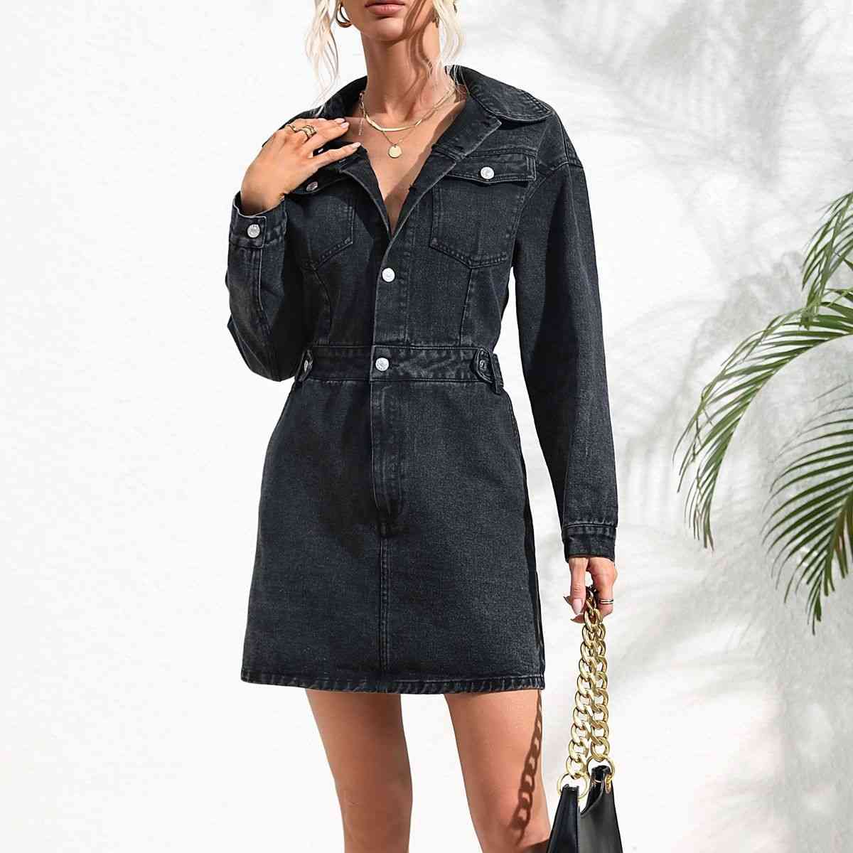 Buttoned Collared Neck Denim Mini Dress