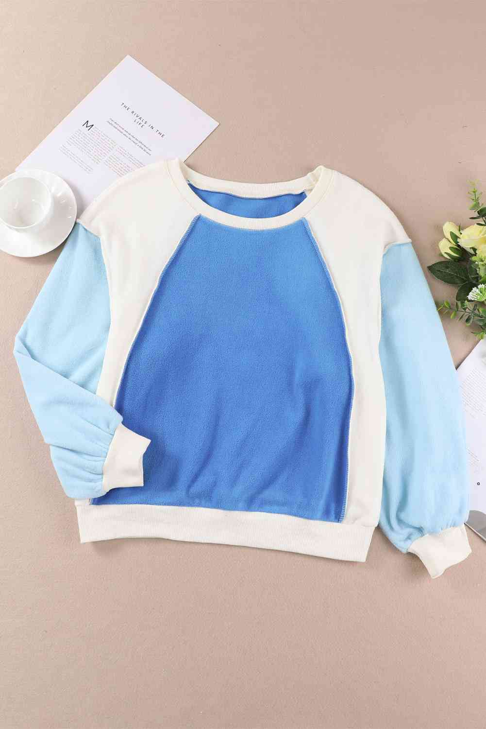 Round Neck Dropped Shoulder Color Block Sweatshirt