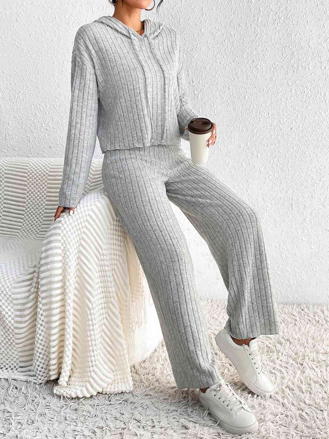 Drawstring Ribbed Hoodie and Straight Leg Pants Set