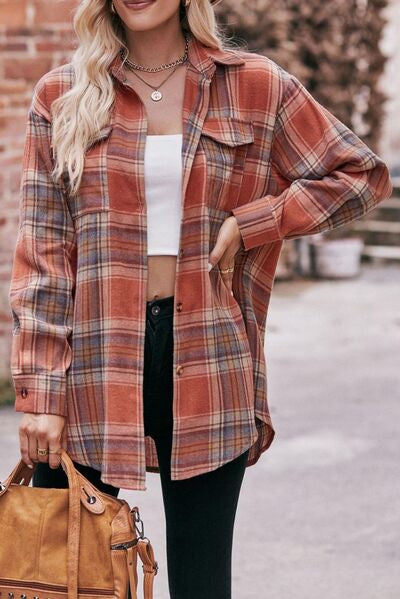 Pocketed Plaid Button Up Dropped Shoulder Shirt