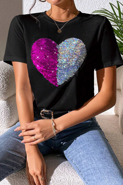 Heart Sequin Round Neck Short Sleeve T-Shirt