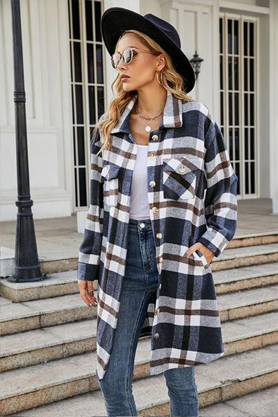 Plaid Button Up Collared Neck Coat with Pockets