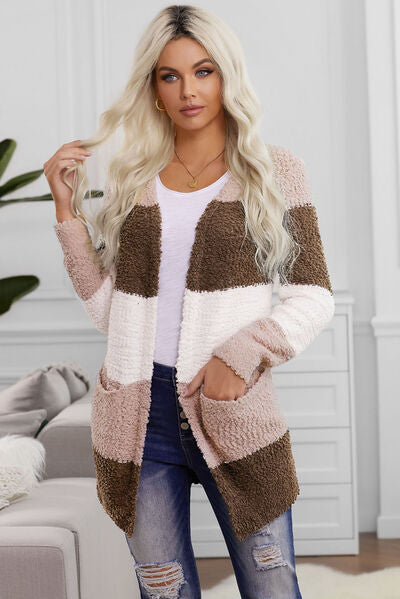 Color Block Open Front Pocketed Cardigan