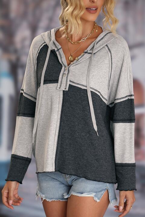 Multicolor Colorblock Ribbed Henley Hoodie